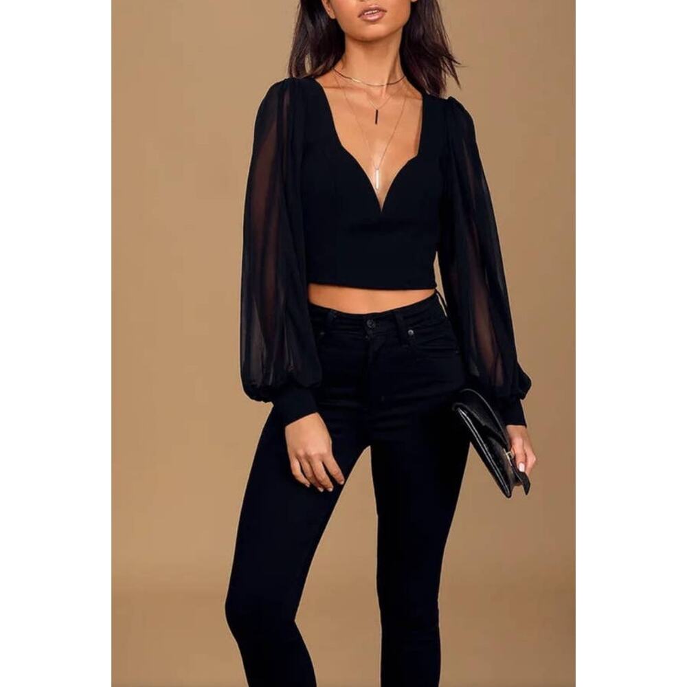 Lulus Starting the Party Black Mesh Balloon Sleeve Backless Top - XS - Picture 2 of 4